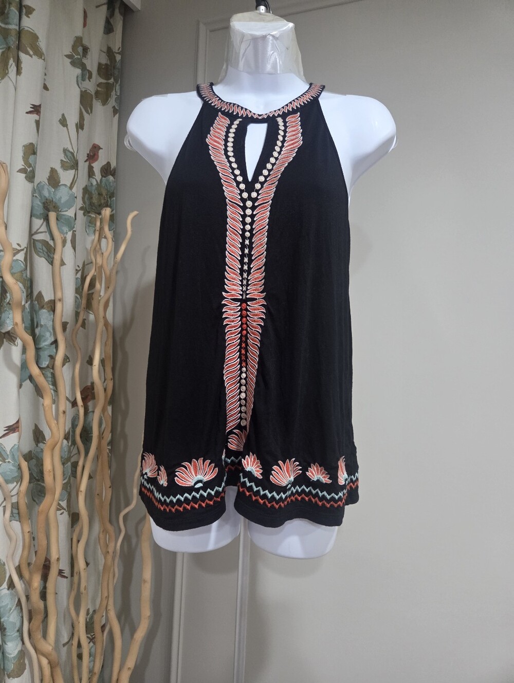 THML Black Embroidered Halter Swing Top SZ.M
